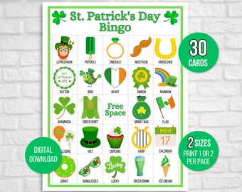 St. Patrick's Day Bingo, 30 St. Patrick's Bingo Cards, St. Patrick's Day Game, St. Paddy's Game for Kids, St. Patrick's Day Party Game