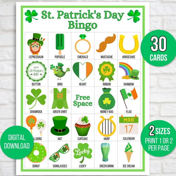 St. Patrick's Day Bingo, 30 St. Patrick's Bingo Cards, St. Patrick's Day Game, St. Paddy's Game for Kids, St. Patrick's Day Party Game