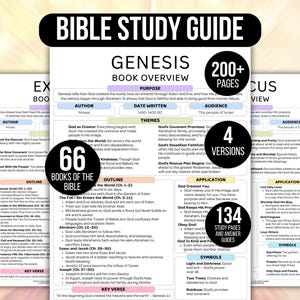 Peut inclure: Guide d'étude biblique pour la Genèse, avec le texte "Bible Study Guide" en haut. Le guide comprend un aperçu du livre, le but, l'auteur, la date d'écriture, les thèmes, les grandes lignes, l'application et les symboles. Il contient plus de 200 pages et 4 versions.