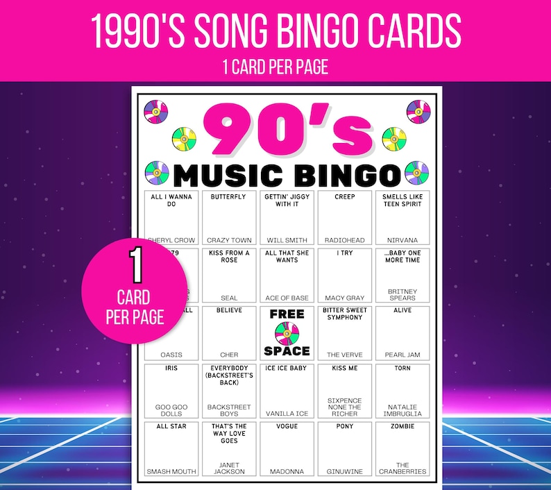 90s Bingo, 90s Song Bingo, 90s Music Bingo, 90s Retro Bingo, 50 Printable 1990s Bingo Cards, 90s Game, 90s Activity, 90s Spotify List Bingo