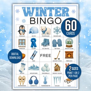 Bingo de invierno, 60 cartones de bingo de invierno, Juegos de invierno, Actividad de invierno para niños, Juego de fiesta de invierno para niños, Actividad de invierno para el aula, Juegos de invierno