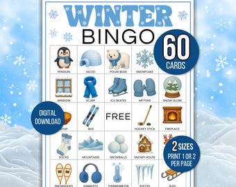 Winter Bingo, 60 Winter Bingokarten, Winterspiele, Winteraktivität für Kinder, Kinder Winter Party Spiel, Winter Klassenzimmer Aktivität, Winterspiele