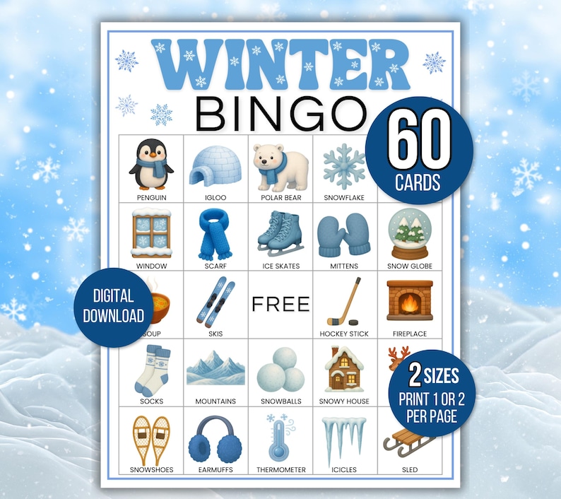 Winter Bingo, 60 Winter Bingo Cards, Winter Games, Winter Activity For Kids, Kids Winter Party Game, Winter Classroom Activity, Winter Games image 1
