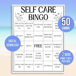 Bingo de autocuidado, 50 tarjetas de bingo de autocuidado, desafío de autocuidado, desafío de amor propio, bingo de bienestar, lista de verificación de autocuidado, actividad de autocuidado