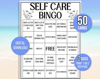 Bingo de autocuidado, 50 tarjetas de bingo de autocuidado, desafío de autocuidado, desafío de amor propio, bingo de bienestar, lista de verificación de autocuidado, actividad de autocuidado