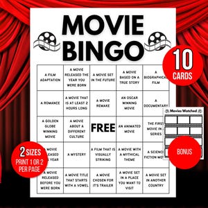 Bingo de películas, 10 cartas de bingo de películas, juegos de películas, bingo de seguimiento de películas, bingo de noche de cine, juego de fiesta de noche de cine, juegos de noche de cine