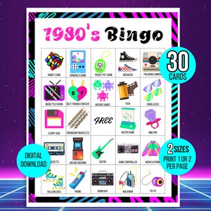Bingo des années 80, Bingo des années 80, Bingo rétro, 30 cartes de bingo des années 80 à imprimer, Jeu des années 80, Activité des années 80, Jeux de fête des années 80 pour enfants, Jeu de fête des années 80