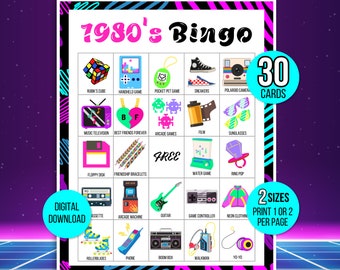80s Bingo, 1980s Bingo, Retro Bingo, 30 Printable 1980s Bingo Cards, 80s Game, 80s Activity, 80s Party Games for Kids, 80s Party Game