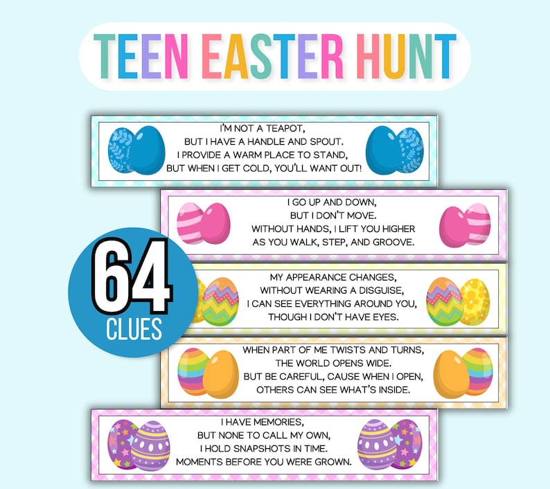Easter Treasure Hunt For Teens and Tweens, Adult Easter Hunt, Treasure Hunt Easter Clues, Easter Egg Hunt for Teens, Teen Easter Hunt