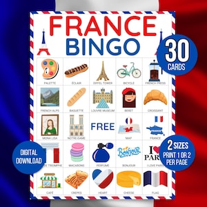 Frankrijk bingo, 30 Frankrijk bingokaarten, reisbingo, Franse bingo, reisspel, reisactiviteit, Frankrijk feestspel, Frankrijk activiteit