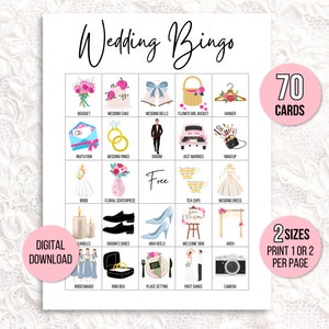 Carte del Bingo per matrimoni, 70 Carte da gioco del Bingo per matrimoni, Gioco del Bingo per l'addio al nubilato, Idea del gioco di nozze, Gioco del ricevimento di nozze, Gioco del Bingo per coppie