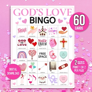 Götter lieben Bingo, 60 Götter lieben Bingokarten, Bibel Bingo, Valentinstag Bingo Spiel, Valentinstag Christliches Spiel, Kirche Sonntagsschulspiel