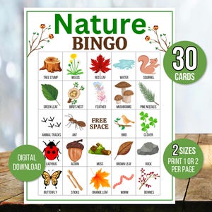 Natur Bingo, 30 druckbare Natur Bingo Karten, Natur Partyspiel, Natur Wander Bingo, Camping Bingo, Natur Schnitzeljagd, Natur Spiel