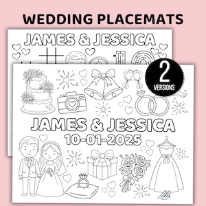 May include: Two wedding placemats with the text "WEDDING PLACEMATS" at the top. The placemats feature line art illustrations of wedding-related icons, including a cake, rings, and a dress. The names "JAMES & JESSICA" are displayed.
