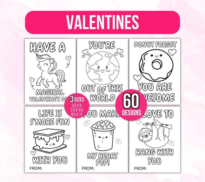 Valentines Coloring Cards, Valentines Day Valentine Cards, Valentine's Cards for Kids, Classroom Valentine Activity, Printable Valentines