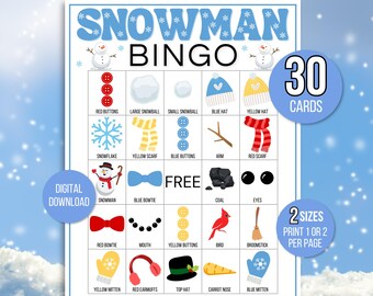 Snowman Bingo, Winter Bingo, 30 Printable Snowman Bingo Cards, Winter Activity, Winter Party Game, Winter Classroom Activity, Snowman Game