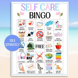 May include: A colorful "Self Care Bingo" game board with various self-care activities illustrated in boxes. The text "Self Care Bingo" is at the top. A blue circle with "Sold Separately" is on the left.