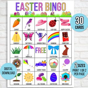 Easter Bingo, 30 Printable Easter Bingo Cards, Easter Activity For Kids, Kids Easter Party Game, Easter Classroom Activity, Easter Game