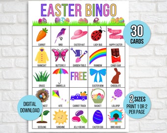 Easter Bingo, 30 Printable Easter Bingo Cards, Easter Activity For Kids, Kids Easter Party Game, Easter Classroom Activity, Easter Game