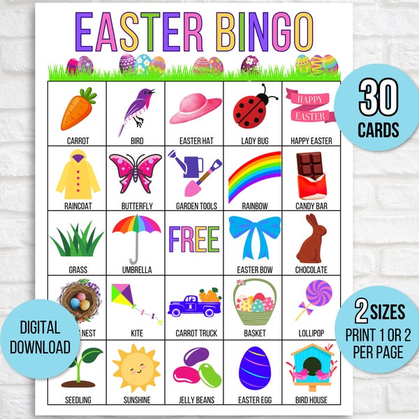 Easter Bingo, 30 Printable Easter Bingo Cards, Easter Activity For Kids, Kids Easter Party Game, Easter Classroom Activity, Easter Game