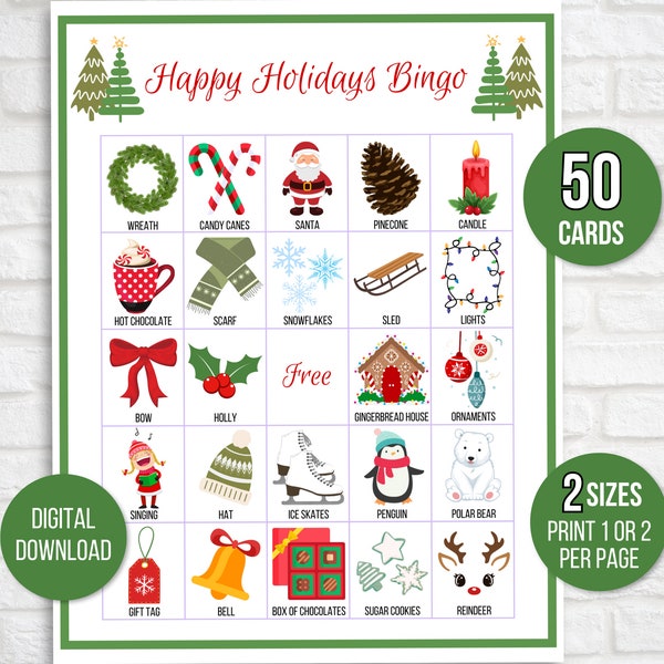 Holiday Bingo, 50 Holiday Bingo Cards, Holiday Activity, Kids Holiday Party Game, Holiday Classroom Activity, Christmas Bingo, Holiday Game