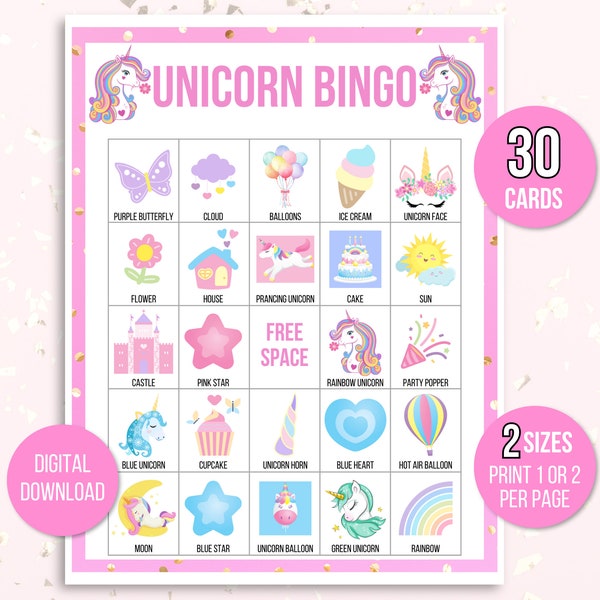 Unicorn Bingo, 30 Printable Unicorn Bingo Cards, Unicorn Birthday, Unicorn Party Game, Unicorn Birthday Party, Unicorn Printable, Girl Bingo