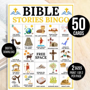 Bibel Bingo, Bibelgeschichten Bingo, 50 Bibel-Bingokarten, Bibelaktivität für Kinder, Bibelaktivität, Sonntagsschul-Bingo, Bibelgeschichtenspiel