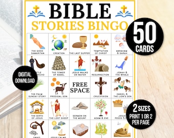 Bible Bingo, Bible Stories Bingo, 50 Bible Bingo Cards, Bible Activity For Kids, Bible Activity, Sunday School Bingo,  Bible Stories Game