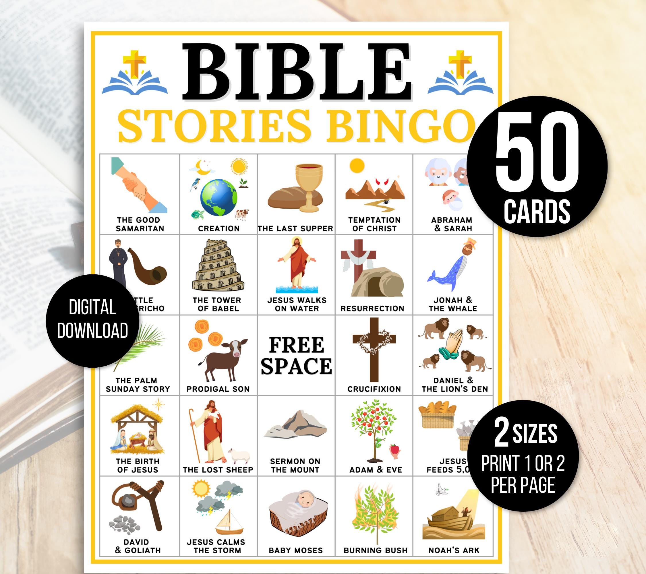 Bible Bingo, Bible Stories Bingo, 50 Bible Bingo Cards, Bible Activity For Kids, Bible Activity, Sunday School Bingo,  Bible Stories Game