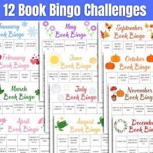 Book Bingo, 12 Monthly Book Bingo Challenges, Book Bingo for Adults, Book Challenge, Book Club Game, Reading Challenge, Reading Tracker Game