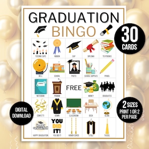 Bingo de formatura, 30 cartas de bingo de formatura, atividade de formatura para crianças, jogo de festa de formatura, atividade de formatura, jogo de formatura