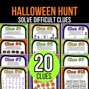 以下が含まれることがあります： ハロウィーンをテーマにした、20個のヒントを解くゲーム。画像には、暗号や点字など、なぞなぞやパズルが描かれたカラフルなカードが写っています。テキストには「Halloween Hunt Solve Difficult Clues」と書かれています。