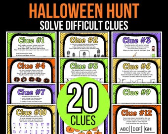 Indoor Halloween Treasure Hunt For Teens, Halloween Scavenger Hunt, Treasure Hunt Halloween Clues, Teens Halloween Escape Room Puzzles, Hunt