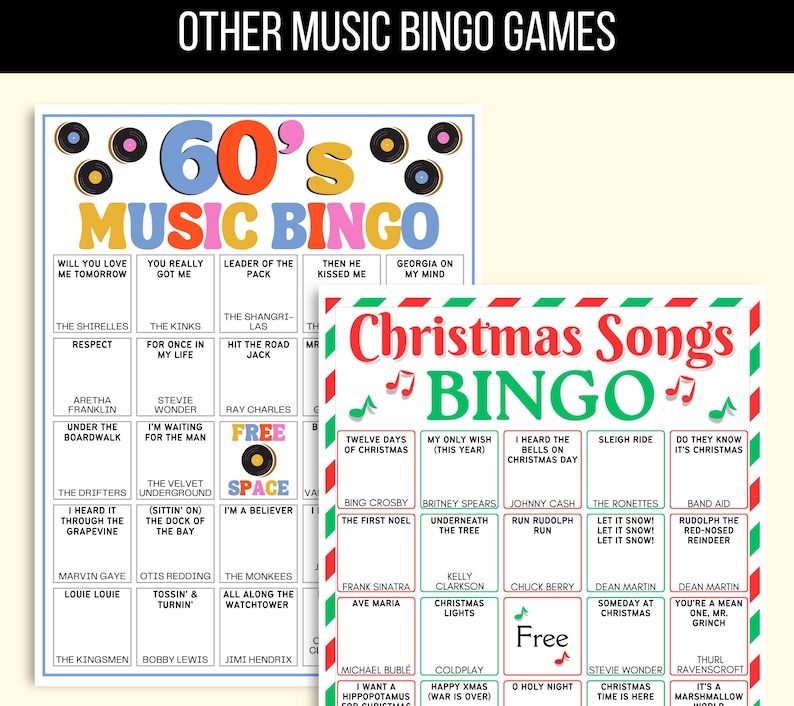 70s, 80s, 90s Music Bingo, Decades of Hits Bingo, 70s to 90s Bingo, 70s Music Bingo, 80s Music Bingo, 90s Music Bingo, 50 Music Bingo Cards