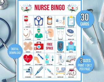 Bingo pour infirmière, 30 cartes de bingo pour infirmière imprimables, bingo médical, bingo médecin, jeu de fête de remise des diplômes d'infirmière, jeu de retraite d'infirmière, jeu d'infirmière