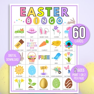 Paasbingo, 60 afdrukbare paasbingokaarten, paasactiviteit voor kinderen, Paasfeestspel voor kinderen, paasactiviteit in de klas, paasspel, 60