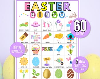 Easter Bingo, 60 Printable Easter Bingo Cards, Easter Activity For Kids, Kids Easter Party Game, Easter Classroom Activity, Easter Game, 60