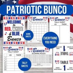 Foglio dei punteggi del Bunco Patriottico, Bunco Patriottico, Bunco del Memorial Day, Bunco del 4 luglio, Segnapunti del Bunco, Regole del gioco del Bunco, Numeri dei tavoli del Bunco