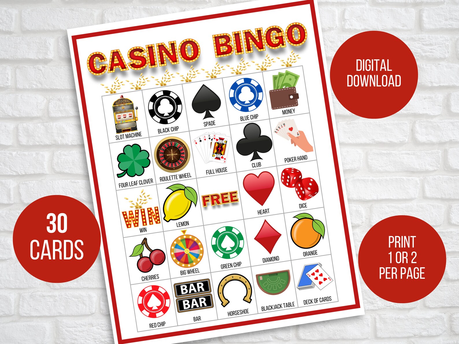 Casino Bingo Casino Game Casino Party Activity Casino Etsy