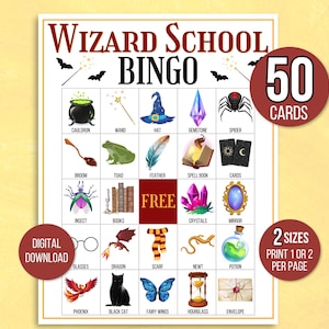 Bingo Wizard, 50 cartes de bingo Wizard, jeu de société Wizard, Bingo de l'école de magie, jeu de société Wizard pour enfants, activité de magicien en classe, jeux de magicien