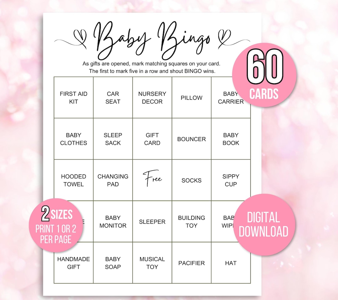 Baby Girl Bingo, 60 Baby Girl Bingo Cards, Baby Girl Bingo Game, Baby ...