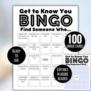Get to Know You Bingo, Editable Get to Know You Bingo, Find Someone Who Bingo, Find the Guest Bingo, Icebreaker Game, Icebreaker Human Bingo