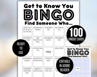 Conheça você Bingo, Editável Conheça você Bingo, Encontre alguém que faça Bingo, Encontre o convidado Bingo, Jogo quebra-gelo, Quebra-gelo Humano Bingo