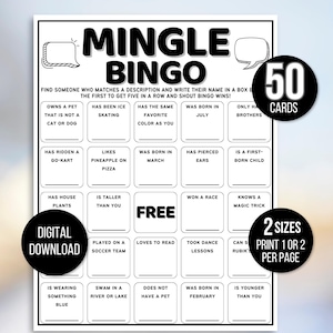 Mingle Bingo, Apprenez à vous connaître Bingo, Trouvez quelqu'un qui joue au bingo, Trouvez l'invité Bingo, Bingo brise-glace, Jeu brise-glace, Activité brise-glace