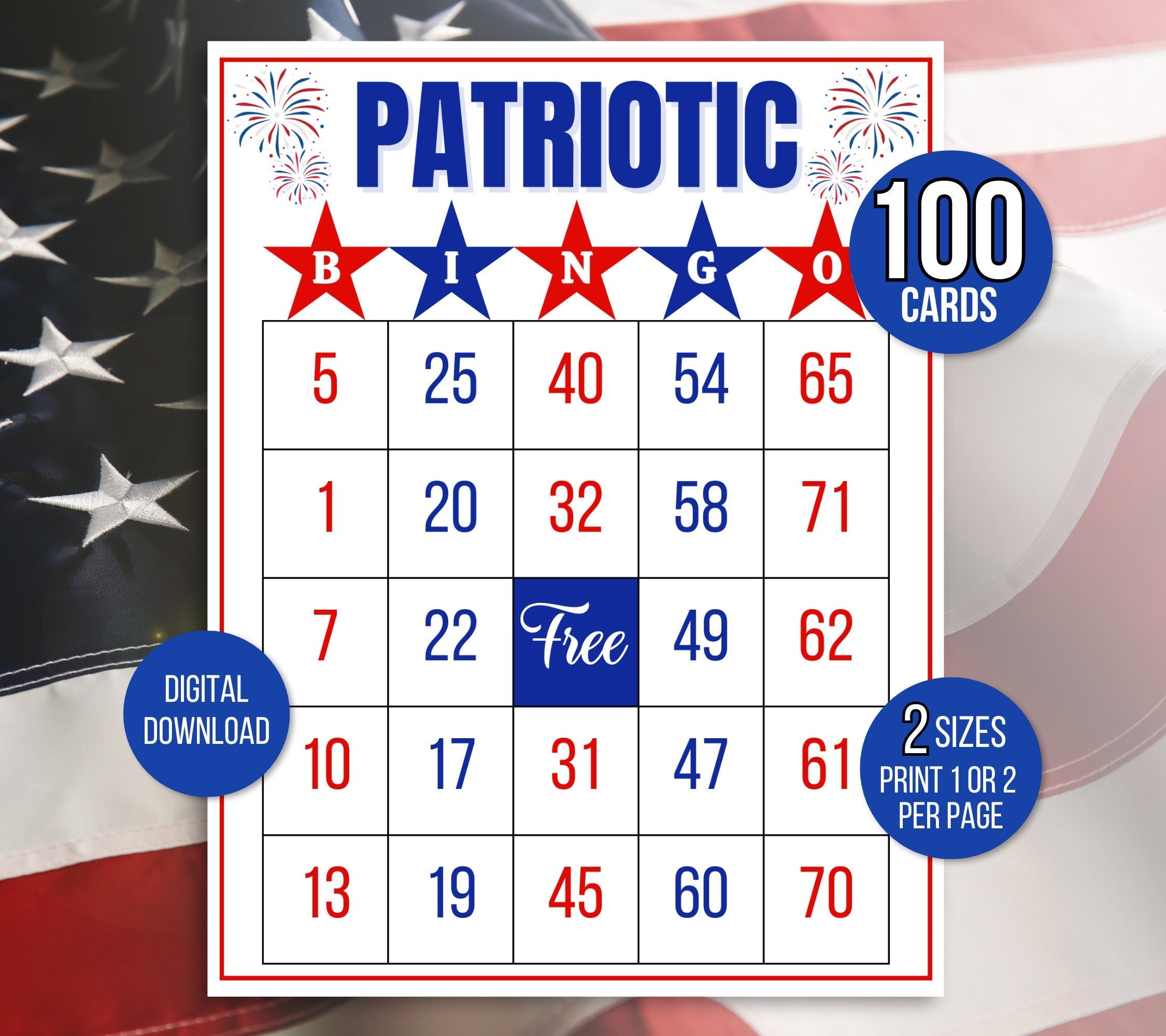 Patriotic Bingo, 100 Patriotic Bingo Cards, Fourth of July Carte Bingo ...
