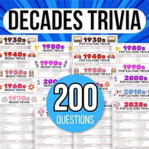 Decades Trivia, Decades Game Bundle, Decade Trivia Night Games, Decades Music Trivia, Pop Culture Trivia, Family Game Night, Pub Trivia Game