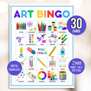 Kunstbingo, 30 afdrukbare kunstbingokaarten, kunstspel, kunstfeestspel, kunstactiviteit, kinderbingospel, kunstfeestactiviteit, kleine kunstenaar