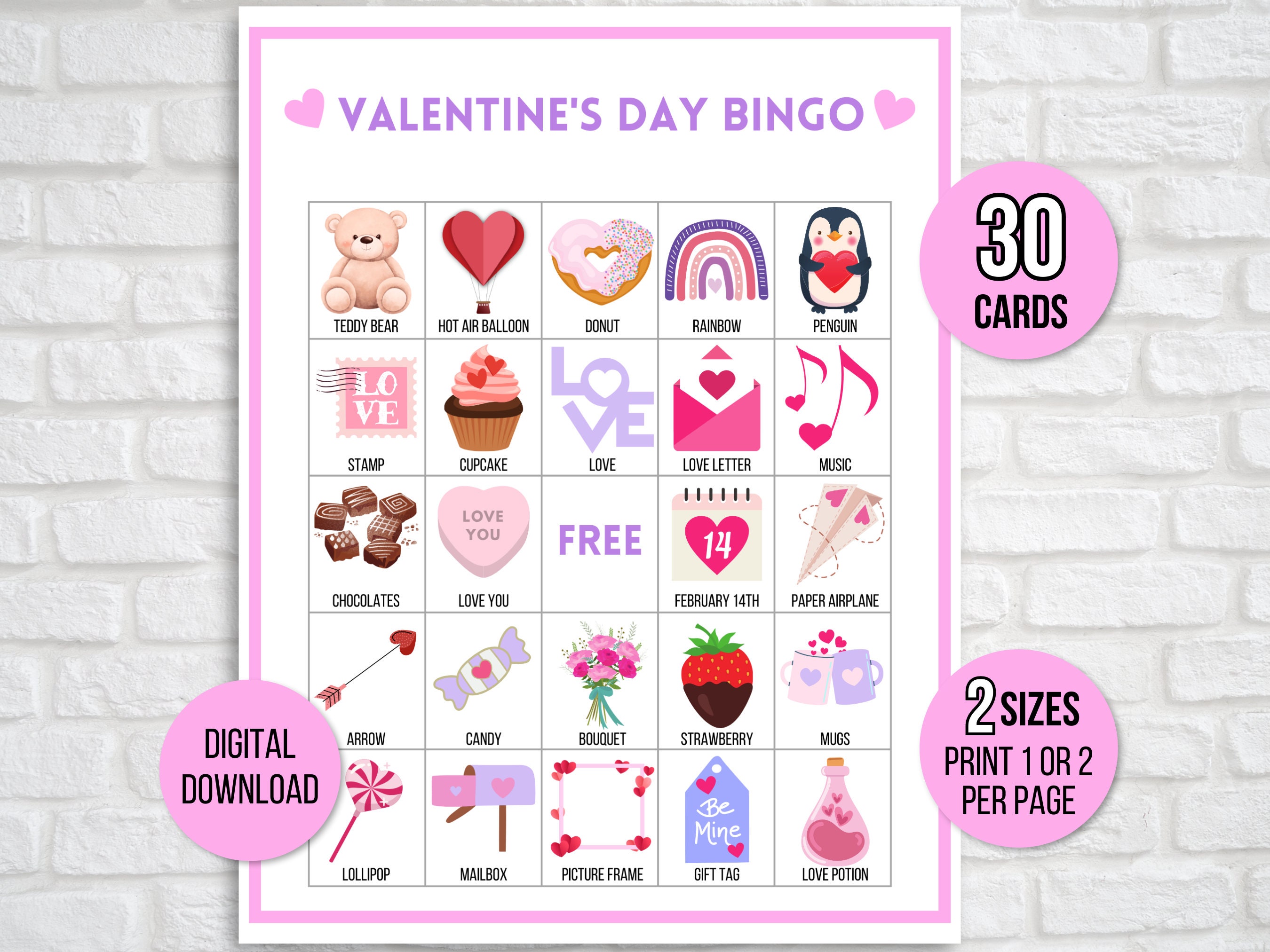 Valentine's Day Bingo, 30 Valentine's Day Bingo Cards, Valentine's Day Activity, Kids Valentine's Party Game, Valentine's Classroom Activity