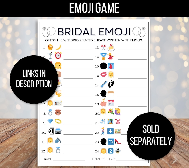 Puede incluir: Un juego de ducha nupcial imprimible con el t&iacute;tulo "Bridal Emoji". El juego instruye a los jugadores a adivinar la frase relacionada con la boda escrita con emojis. El juego incluye 24 frases de emojis.