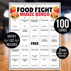 Music Bingo, Food Music Bingo, Food Song Bingo, Food Fight Music Bingo, 50s Retro Bingo, 60s Bingo, 80s Bingo, 90s Bingo, Music Playlist